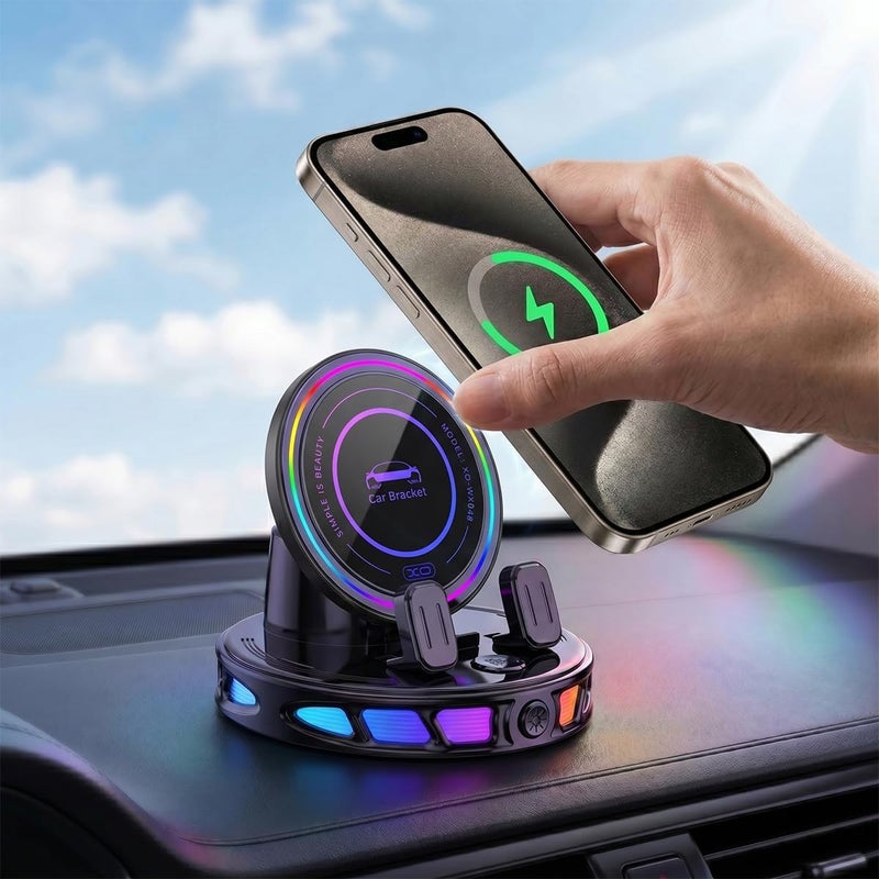 XO Wireless Car Charger Dashboard Phone Holder,15W Fast Charging One-Hand Operation Rotatable Bracket with RGB Light,Anti-Slip Navigation Mount with Strong Suction Cup, for Most Smart Phone - Image 1