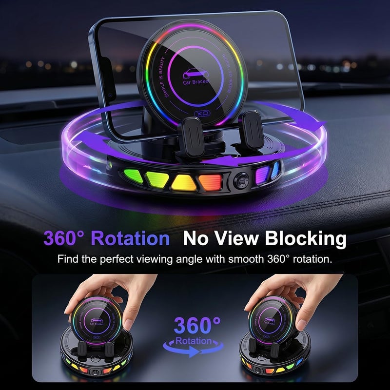 XO Wireless Car Charger Dashboard Phone Holder,15W Fast Charging One-Hand Operation Rotatable Bracket with RGB Light,Anti-Slip Navigation Mount with Strong Suction Cup, for Most Smart Phone - Image 4