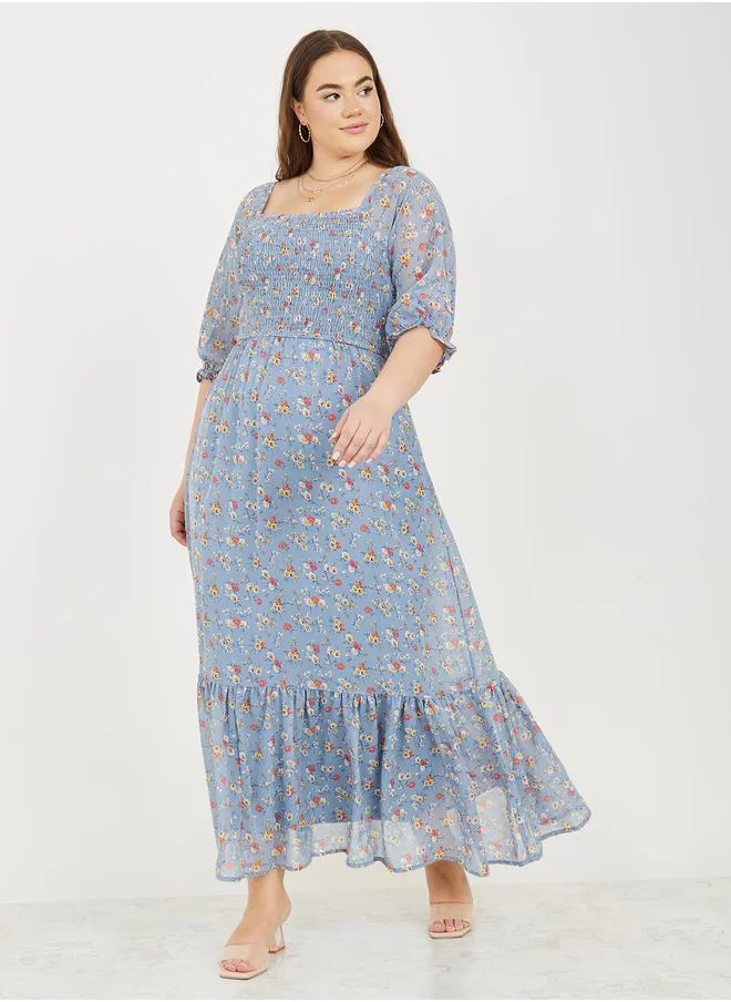 ستايلي Floral Print Shirred A-Line Maxi Dress