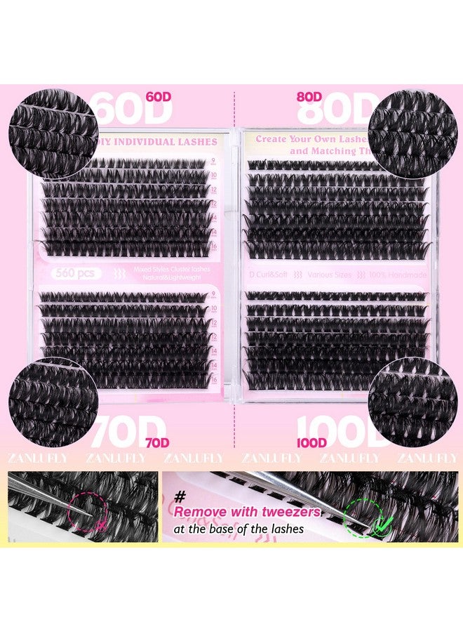 zanlufly Lash Clusters D Curl Individual Lashes Fluffy Eyelash Clusters Bulk zanlufly Thick Lash Extension 560Pcs Natural DIY Eyelash Extension (9-16MM,60D+70D+80D+100D) - Image 5