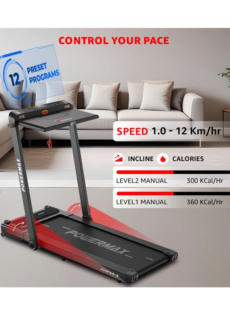 PowerMax Fitness - Fitness Jogpad-3 (4Hp Peak) Motorized 2 In 1 Built in Desk Treadmill For Home Workout | Walkingpad | Remote Control, Max User 110Kg, Top Speed 12 Kmph, Led Display, Bluetooth,Speaker,Ipad Holder - Image 1