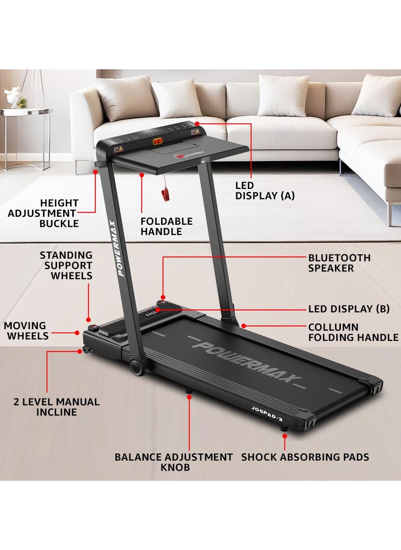 PowerMax Fitness - Fitness Jogpad-3 (4Hp Peak) Motorized 2 In 1 Built in Desk Treadmill For Home Workout | Walkingpad | Remote Control, Max User 110Kg, Top Speed 12 Kmph, Led Display, Bluetooth,Speaker,Ipad Holder - Image 1