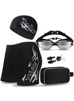 YUKE Swimming Suit Set,Men's Swimming Trunks Swimming Cap Set,Sport Boxer Swimwear,Beach Elastic Shorts,Includes Swimming Trunks+Swimming Goggles+Swimming Cap+Handbag+Earplugs+Nose clip, Black  - Image 1