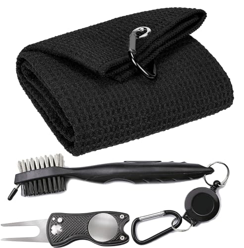 VIVIDLY Microfiber Waffle Pattern Tri-fold Golf Towel Set | Golf Club Brush| Golf Divot Tool - Image 1