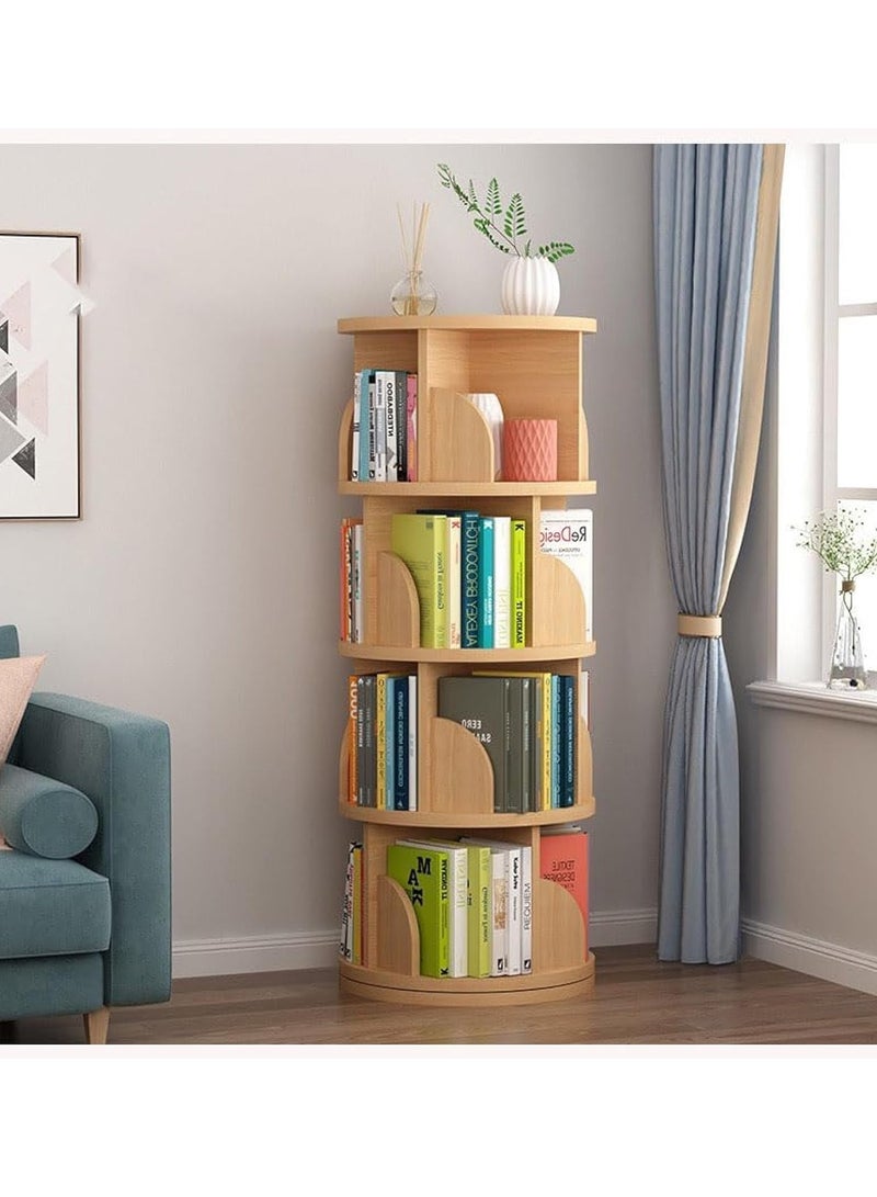 مونوج رف كتب دوار مكون من 4 طبقات، يدور 360 درجة، رف عرض لتخزين الكتب، خزانة كتب قائمة، لمسة نهائية من الخشب، تصميم عصري  - Image 1