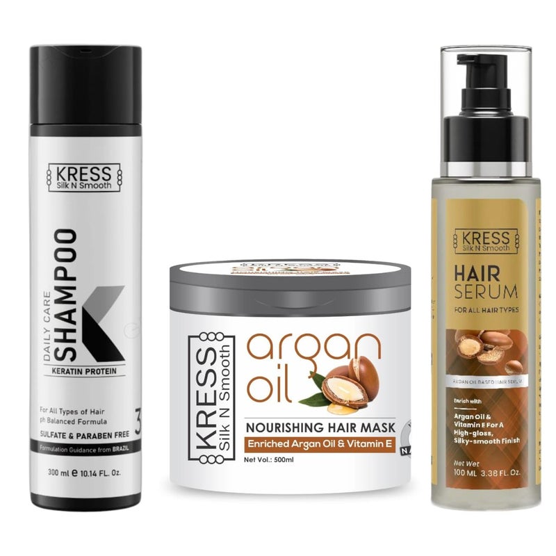 Kress Moisturizing Hair Shampoo Argan Mask Hair Serum for Frizz Free Smooth Shiny Healthy Hair 3 Steps Hair Care Combo Set