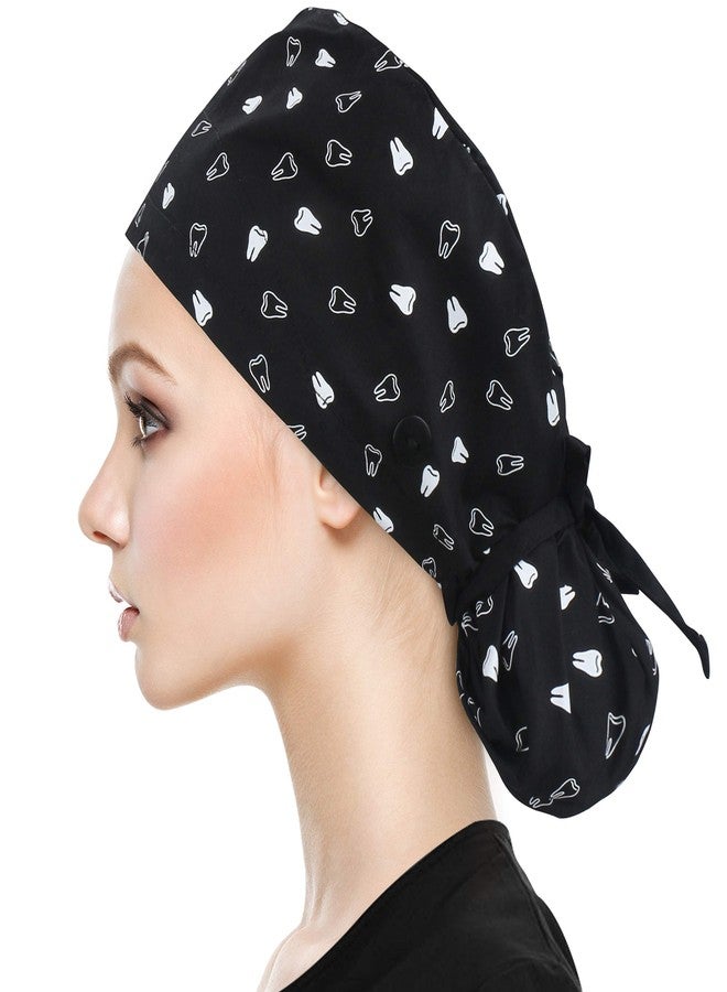 QBA Adjustable Working Cap with Button, Cotton Working Hat Sweatband, Elastic Bandage Tie Back Hats for Women & Men, One Size, Lining Tooth Black Ptl, One size - Image 3
