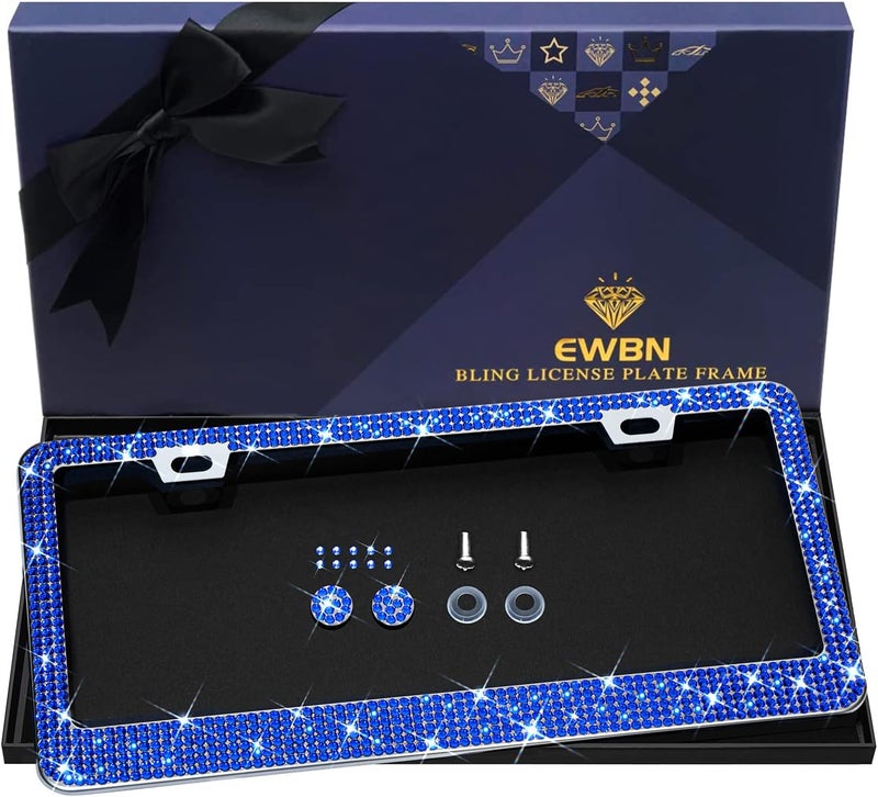 EWBN Bling Rhinestone License Plate Frame for Women, Sparkly License Plate Frames| Stainless Steel Frames & Over 1200 pcs Finest 14 Facets Glass Crystals Premium Diamond(Dark Blue) - Image 1