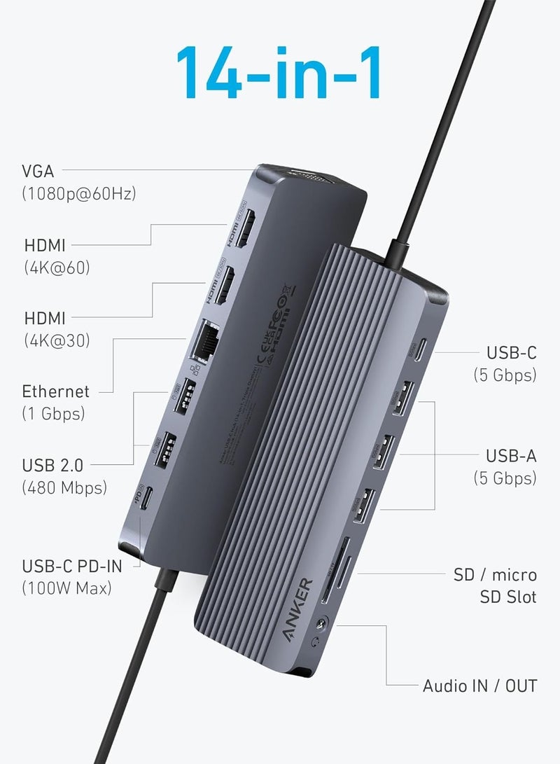 Anker USB C Hub, Triple Display USB-C Hub (14-in-1), 4K@60Hz HDMI with 100W Max Power Delivery, 5 Gbps USB-C and USB-A Data Ports, For Macbook, Lenovo, Dell XPS, HP Laptops, and More - Image 2