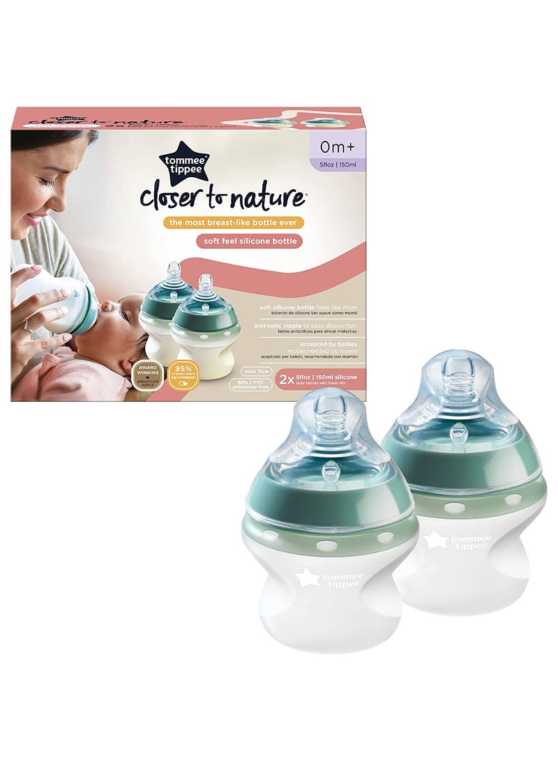 tommee tippee Baby Bottles, Closer to Nature Silicone Anti-Colic Baby Bottle with Slow Flow Breast-Like Teat, 150ml, 0+ Months, Self-Sterilising, Baby Feeding Essentials, 2 Pack - Image 1