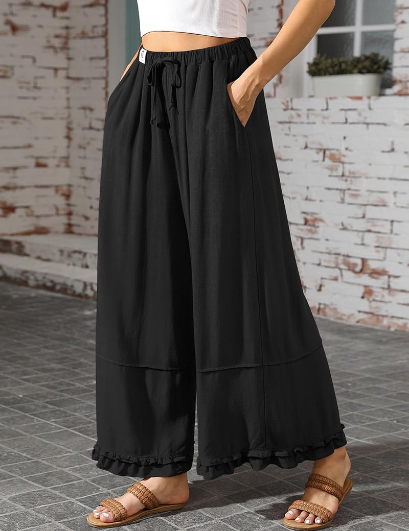 TARSE Womens High Waisted Cropped Linen Pants Flowy Wide Leg Palazzo Cute Ruffle Hem Drawstring Casual Beach Pants (Black L) - Image 5