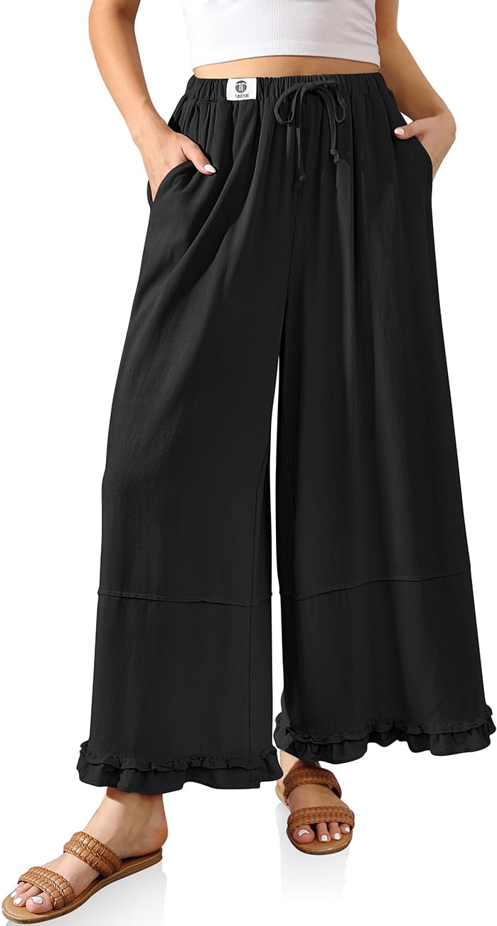 TARSE Womens High Waisted Cropped Linen Pants Flowy Wide Leg Palazzo Cute Ruffle Hem Drawstring Casual Beach Pants (Black L) - Image 1
