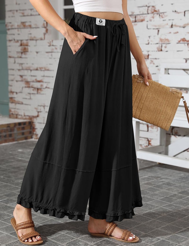 TARSE Womens High Waisted Cropped Linen Pants Flowy Wide Leg Palazzo Cute Ruffle Hem Drawstring Casual Beach Pants (Black L) - Image 4