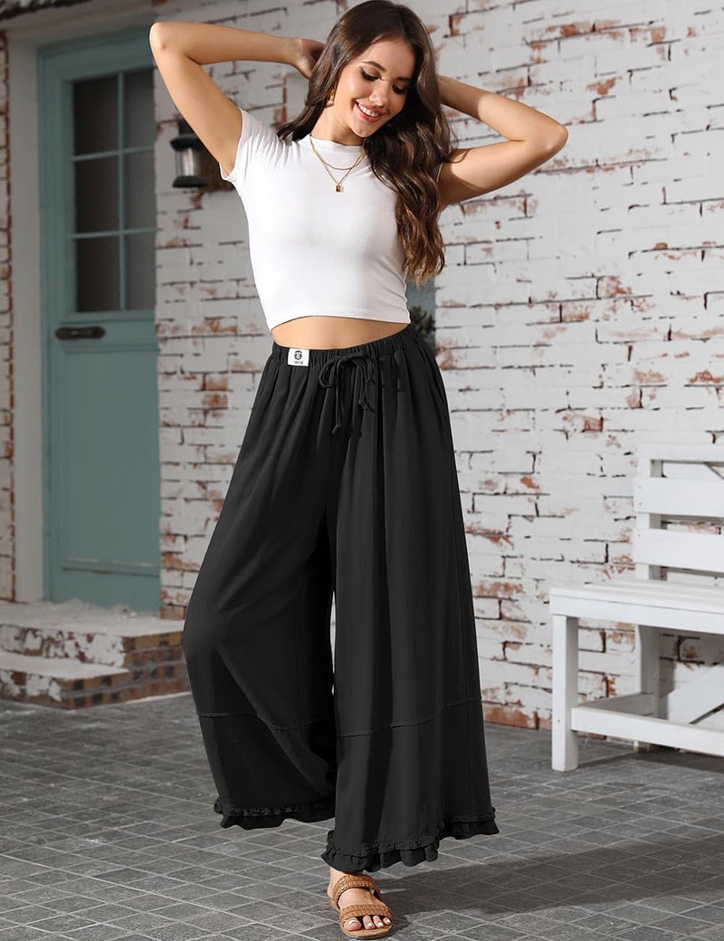 TARSE Womens High Waisted Cropped Linen Pants Flowy Wide Leg Palazzo Cute Ruffle Hem Drawstring Casual Beach Pants (Black L) - Image 2