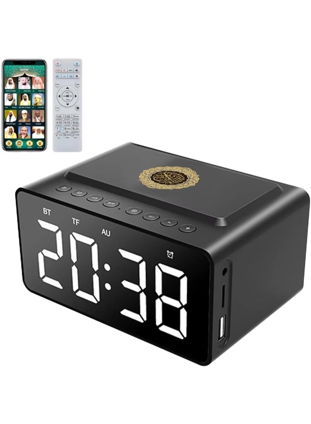 SQ808 Quran Speaker with Azan Clock & Alarm Radio – Bluetooth Speaker with Powerful Battery Backup, USB Port, App Control, LED Display Clock, 8GB Storage – Black Bedside Islamic Speaker for Prayer & Daily Use