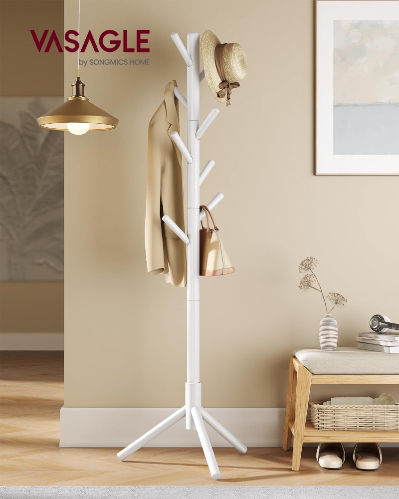 VASAGLE Solid Wood Coat Rack, Free Standing Tree-Shaped Coat Rack with 8 Hooks, 3 Height Options, for Clothes, Hats, Bags, Living Room, Bedroom, Home Office, White URCR04WT - Image 2