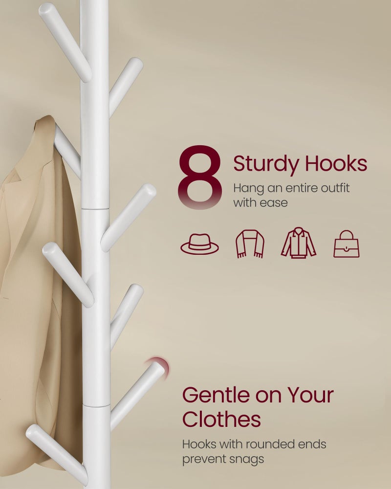 VASAGLE Solid Wood Coat Rack, Free Standing Tree-Shaped Coat Rack with 8 Hooks, 3 Height Options, for Clothes, Hats, Bags, Living Room, Bedroom, Home Office, White URCR04WT - Image 3