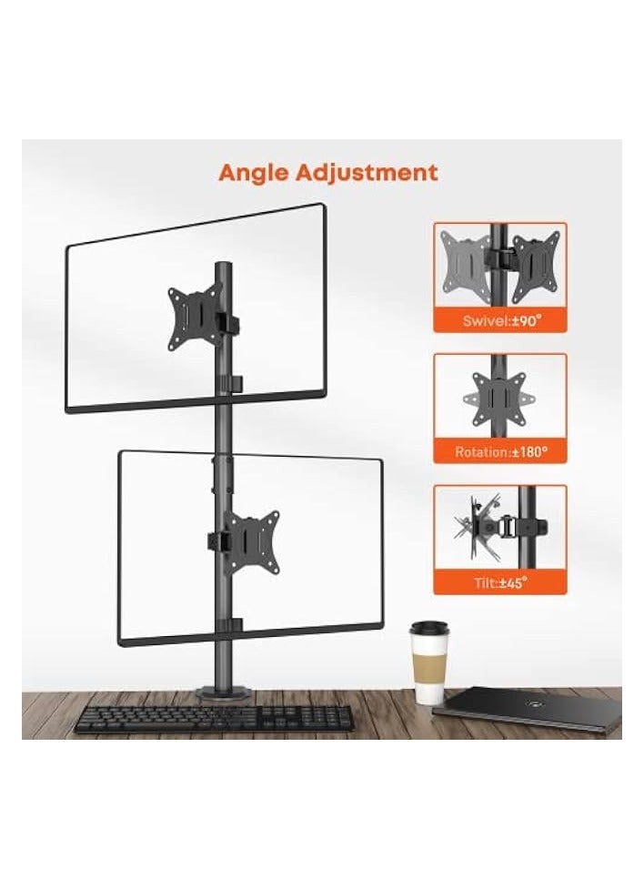 erorex Dual Monitor Stand- Vertical Stack Monitor Desk Mount For Two Screens Up To 32 Inch Height Adjustable Screen Supports With Swivel, Tilt, Rotation, C-Clamp And Grommet Bases, 9KG Black - Image 4