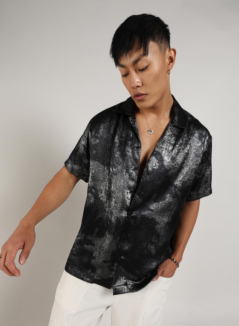 Campus Sutra Men's Midnight Black & Chalice Silver Metallic Ombre Shirt - Image 1