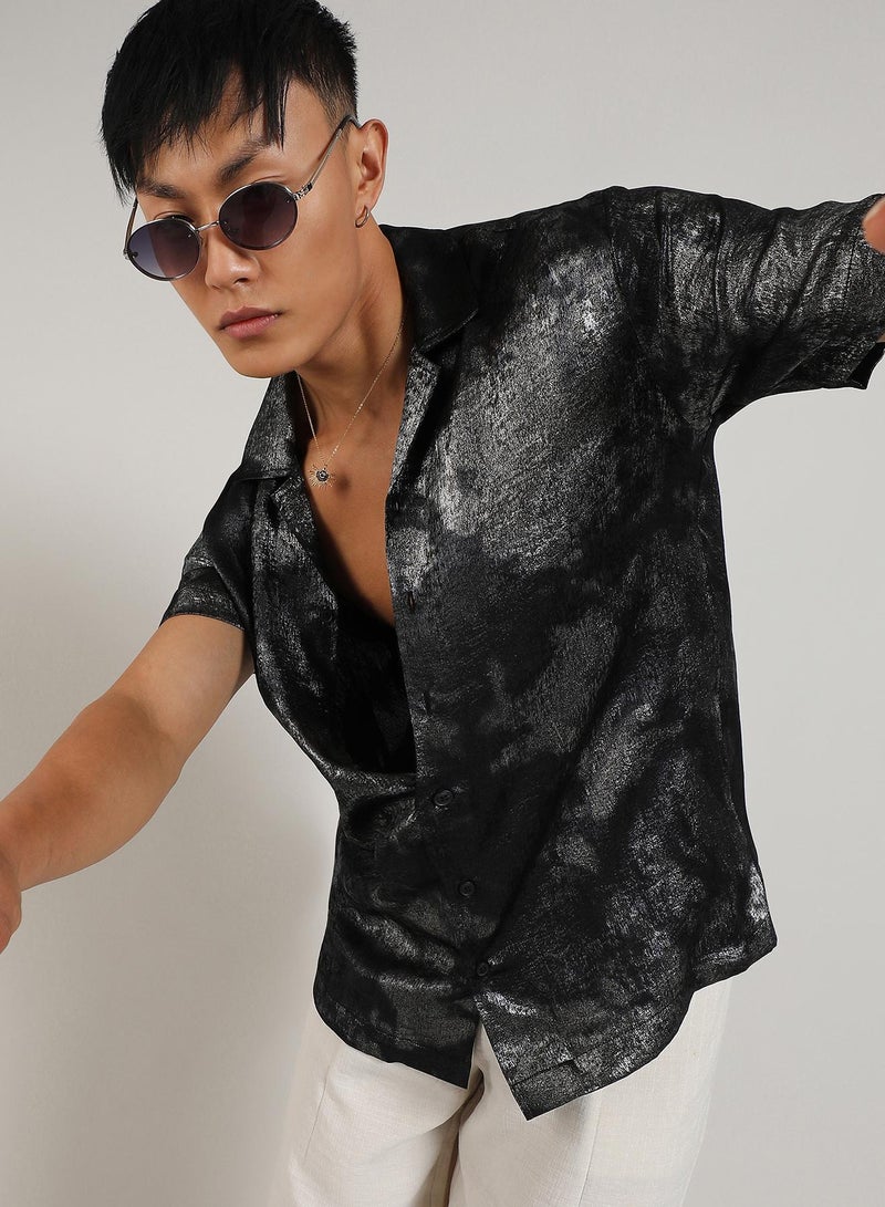 Campus Sutra Men's Midnight Black & Chalice Silver Metallic Ombre Shirt - Image 2