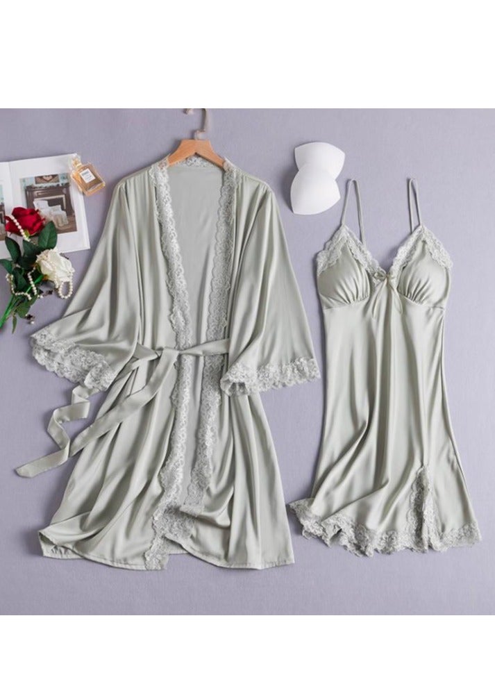Lce Silk Sleepwear Three Piece Set With Lace Edge Suspender, Sleepwear For Home Use - Image 1