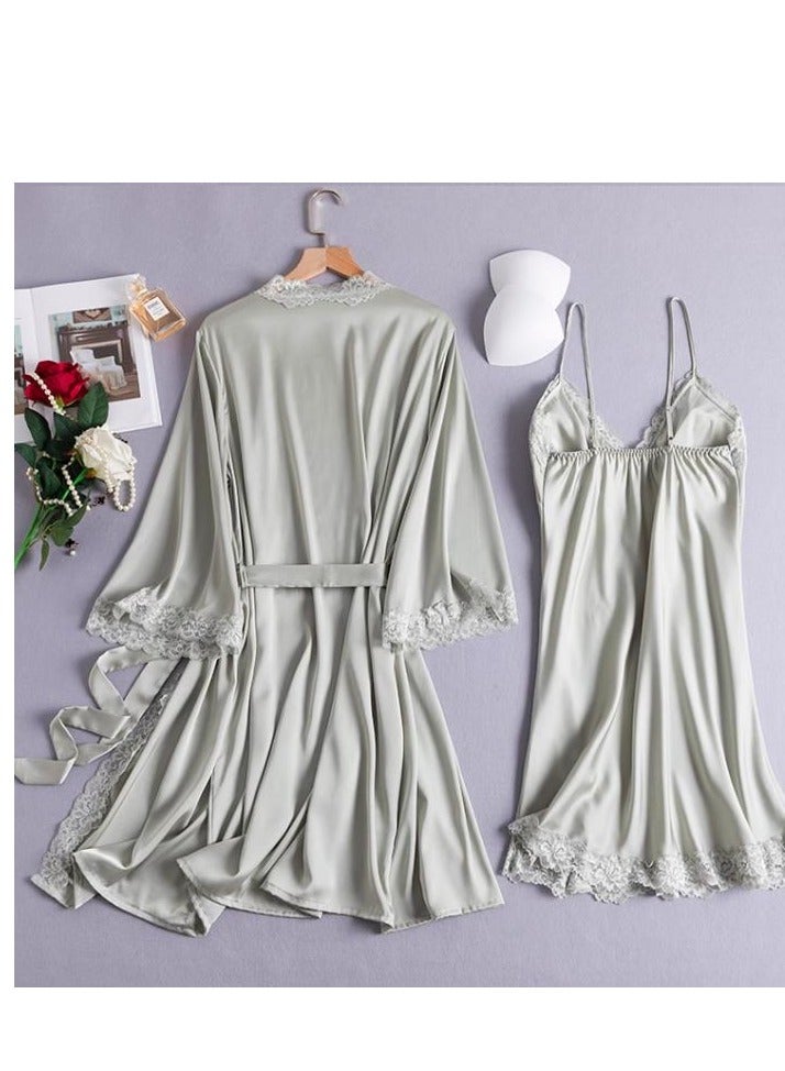 Lce Silk Sleepwear Three Piece Set With Lace Edge Suspender, Sleepwear For Home Use - Image 2