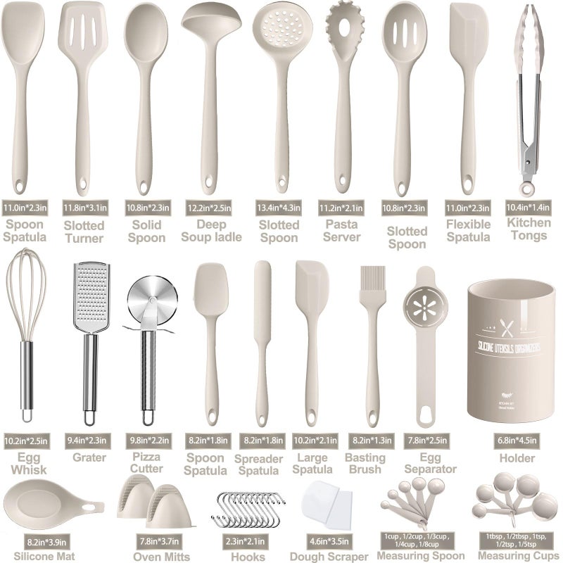 AIKKIL Silicone Kitchen cooking Utensils Set, AIKKIL 43 Pcs Heat Resistant Khaki Cooking Utensils Set, Turner, Tongs, Spoon, Spatula, Kitchen Gadgets Tools Set For Nonstick Cookware(Dishwasher, BPA Free) - Image 2