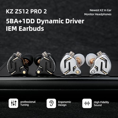 Kinboofi KZ ZS12 PRO 2 in Ear Monitor,1DD+5BA Hybrid Wired Earbud,IEM Earphones,Gaming Earbuds,HiFi Deep DASS IEM for Gaming,KZ Earbuds with 2PIN Cable for Audiophile (with Microphone, Silver-Type) - Image 2