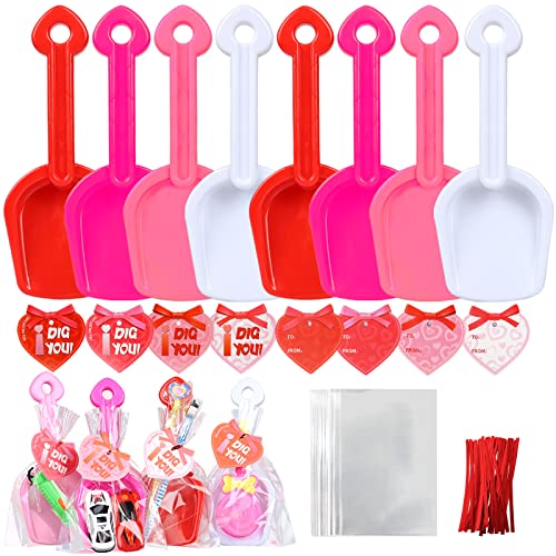 Giiffu 28PCS Valentine Plastic Shovels Toy with I DIG YOU Love Tags 28 Candy Bags with Ties for Valentines Party Favors Supplies Valentines Toys Classroom Exchange Prizes Valentines Gifts - Image 1