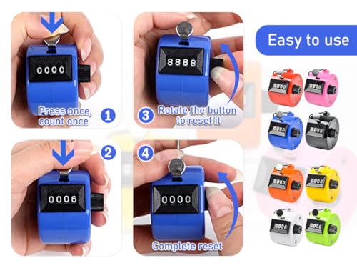 Abiyou 8 Pieces Hand Tally Counter, Manual Mechanical Counter, Metal Hand Tally Counters, 4 Digit Hand Tally Counters, Click Counter with Finger Ring, for Counting, Coaching, Golf, Fishing (8 Color) - Image 4