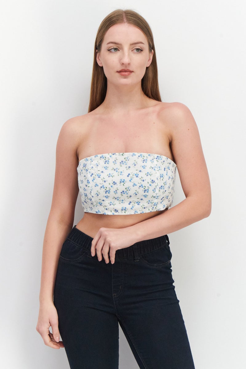 Fashion Union Women Straight Across Strapless Printed Tube, Blue - Image 1