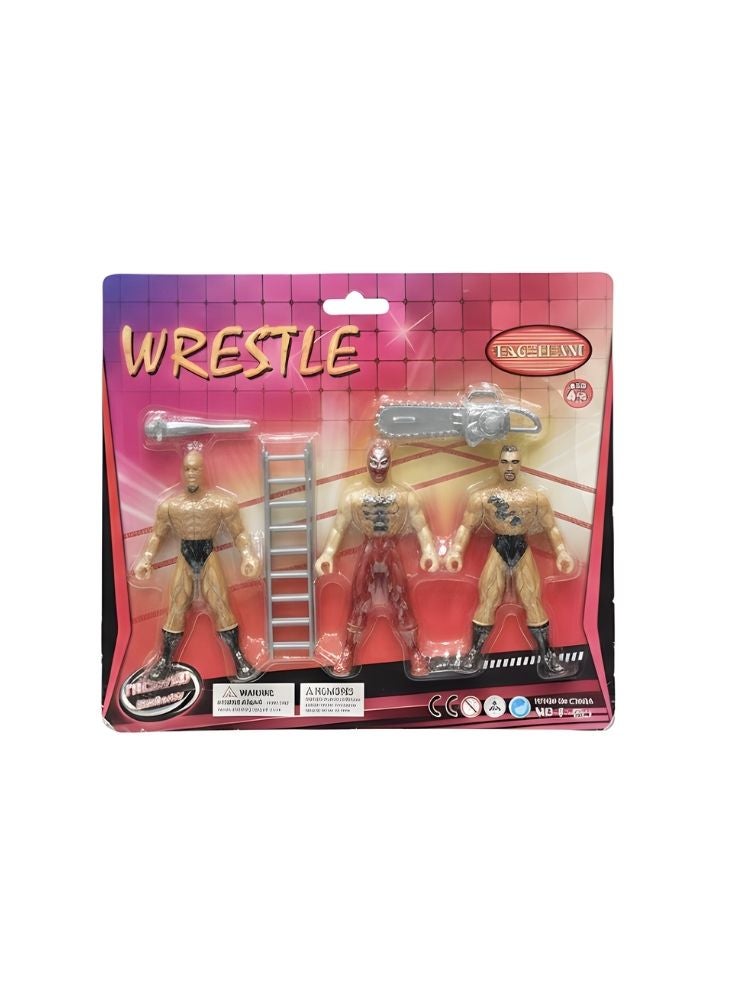 بريميم مجموعة مجسمات مصارعة – ثلاث شخصيات مصارعين مع سلم وملحقات، مجسمات بتصميم عضلي، لعبة قتال للأطفال - Image 1