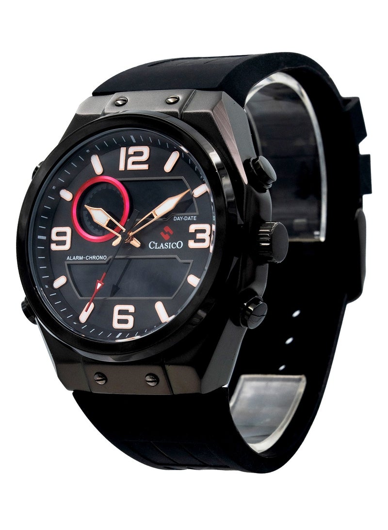 Clasico ساعة ديو فليكس التناظرية + الرقمية – إصدار مظلم مع حزام سيليكون فاخر – حركة إليت Y121 – تصميم مقاوم للماء - Image 2