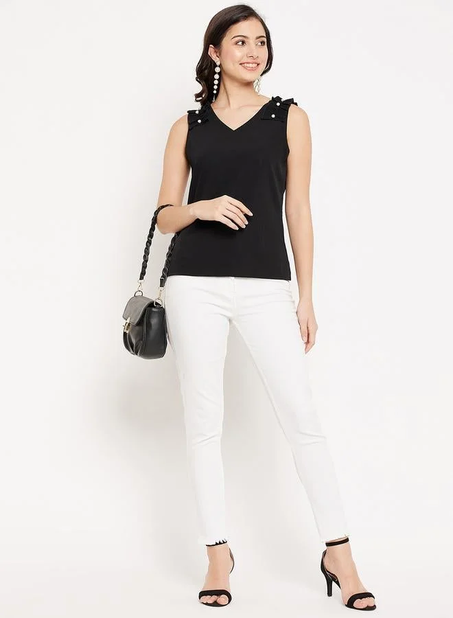 WineRed Women Black Sleeveless Top with Frill Detail