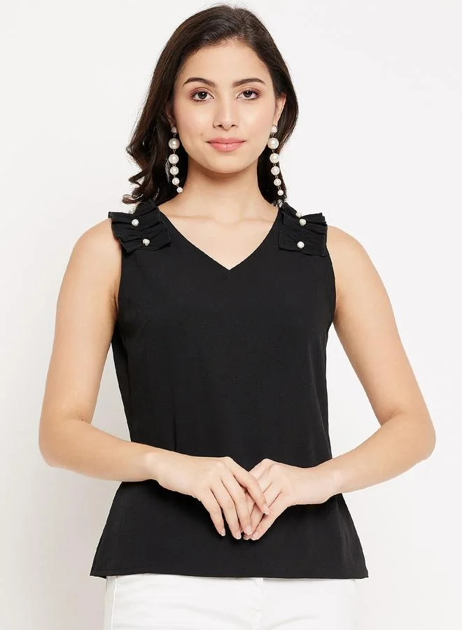 WineRed Women Black Sleeveless Top with Frill Detail