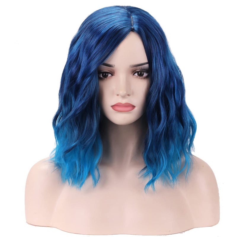 BERON Blue Wig Short Curly Wig Mix Blue Bob Wigs Charming Women Beach Wave Blue Wigs for Cosplay Costume Party Hairnet Included