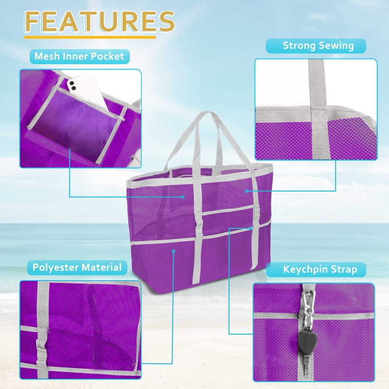 SRISE Mesh Beach Bag - Large Beach Tote Bag for Family Beach Bag for Toys & Vacation Essentials - Purple - Image 4