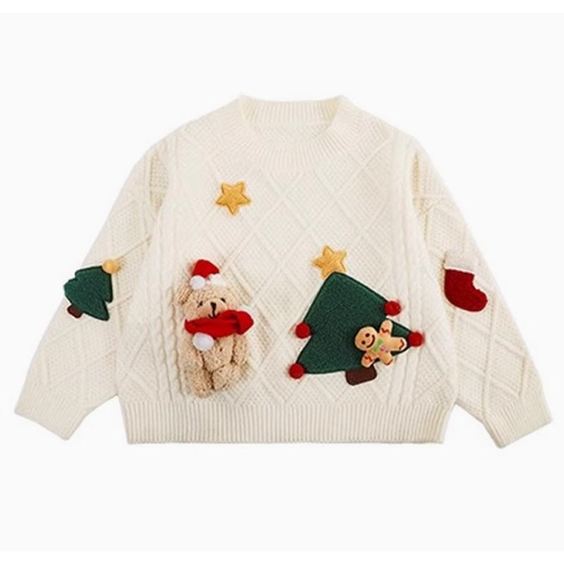 Girls Christmas Wear Sweater 2024 Autumn and Winter New Childrens Baby Cute Bear Knitted Outer Wear Top apricot Sweater 