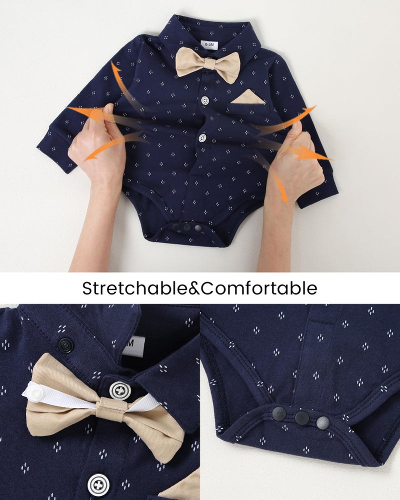 SANMIO Baby Boy Clothes Suit 3-6 Months Boys Baptism Easter Outfits Baby Shirt+Bow Tie+Pants+Suspenders 4Pcs Christmas Wedding Clothing Set (Navy Bule, 3-6 Months) - Image 4