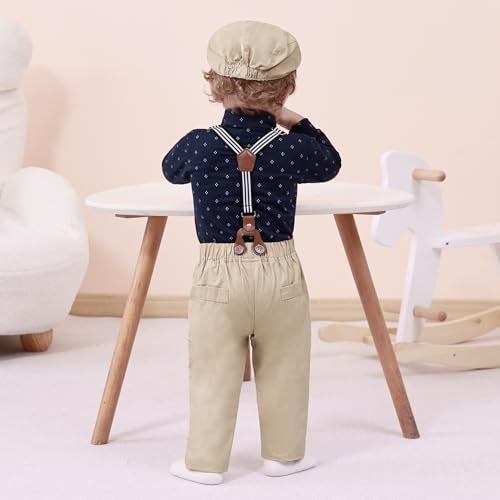 SANMIO Baby Boy Clothes Suit 3-6 Months Boys Baptism Easter Outfits Baby Shirt+Bow Tie+Pants+Suspenders 4Pcs Christmas Wedding Clothing Set (Navy Bule, 3-6 Months) - Image 3