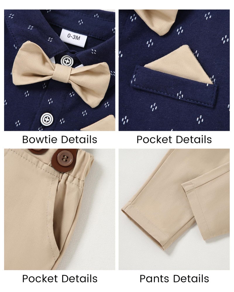 SANMIO Baby Boy Clothes Suit 3-6 Months Boys Baptism Easter Outfits Baby Shirt+Bow Tie+Pants+Suspenders 4Pcs Christmas Wedding Clothing Set (Navy Bule, 3-6 Months) - Image 5