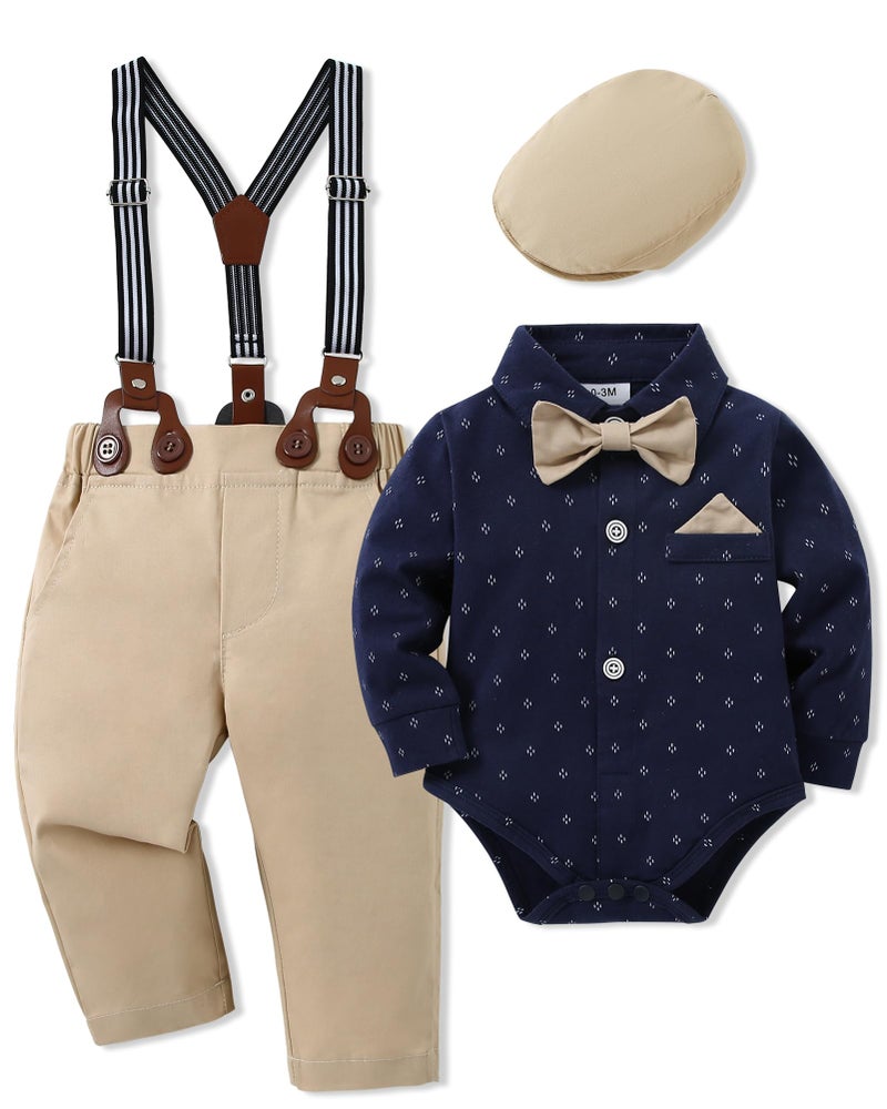 SANMIO Baby Boy Clothes Suit 3-6 Months Boys Baptism Easter Outfits Baby Shirt+Bow Tie+Pants+Suspenders 4Pcs Christmas Wedding Clothing Set (Navy Bule, 3-6 Months) - Image 1