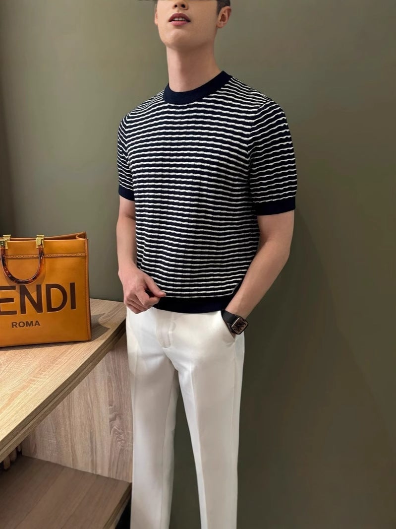 High-End Trendy Heavyweight Loose T-Shirt Men'S Summer Round Neck Striped Short-Sleeve Men'S New Mature Top - Image 4