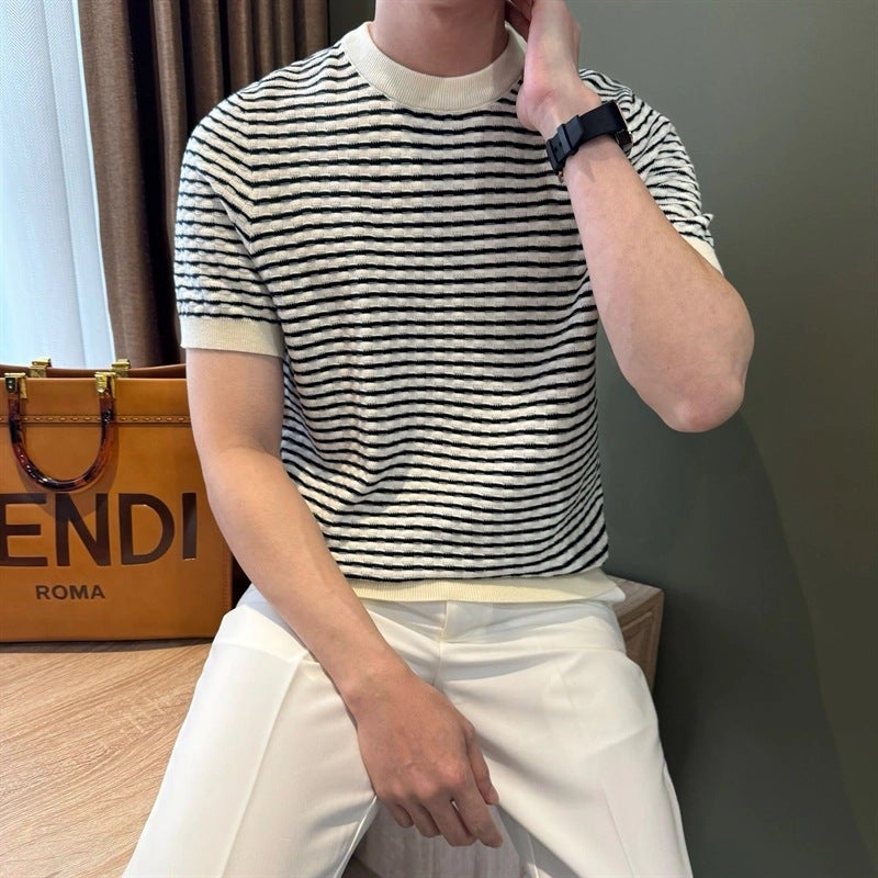 High-End Trendy Heavyweight Loose T-Shirt Men'S Summer Round Neck Striped Short-Sleeve Men'S New Mature Top - Image 1
