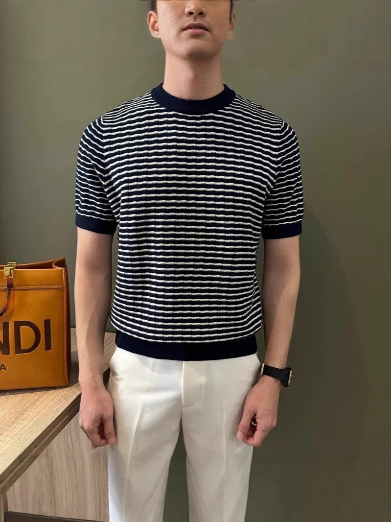 High-End Trendy Heavyweight Loose T-Shirt Men'S Summer Round Neck Striped Short-Sleeve Men'S New Mature Top - Image 3