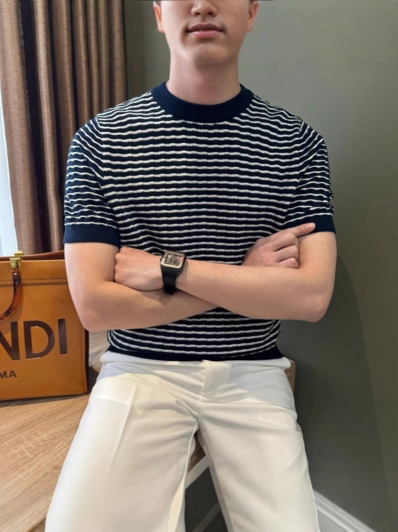 High-End Trendy Heavyweight Loose T-Shirt Men'S Summer Round Neck Striped Short-Sleeve Men'S New Mature Top - Image 2