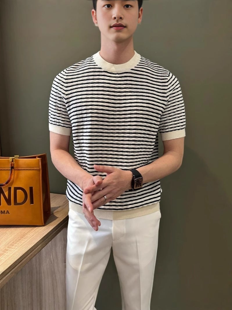 High-End Trendy Heavyweight Loose T-Shirt Men'S Summer Round Neck Striped Short-Sleeve Men'S New Mature Top - Image 5