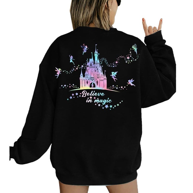 MYHALF Believe In The Magic Sweatshirt Women Crewneck Magic Pullover Shirt Family Vacation Castle Graphic Top Black - Image 1