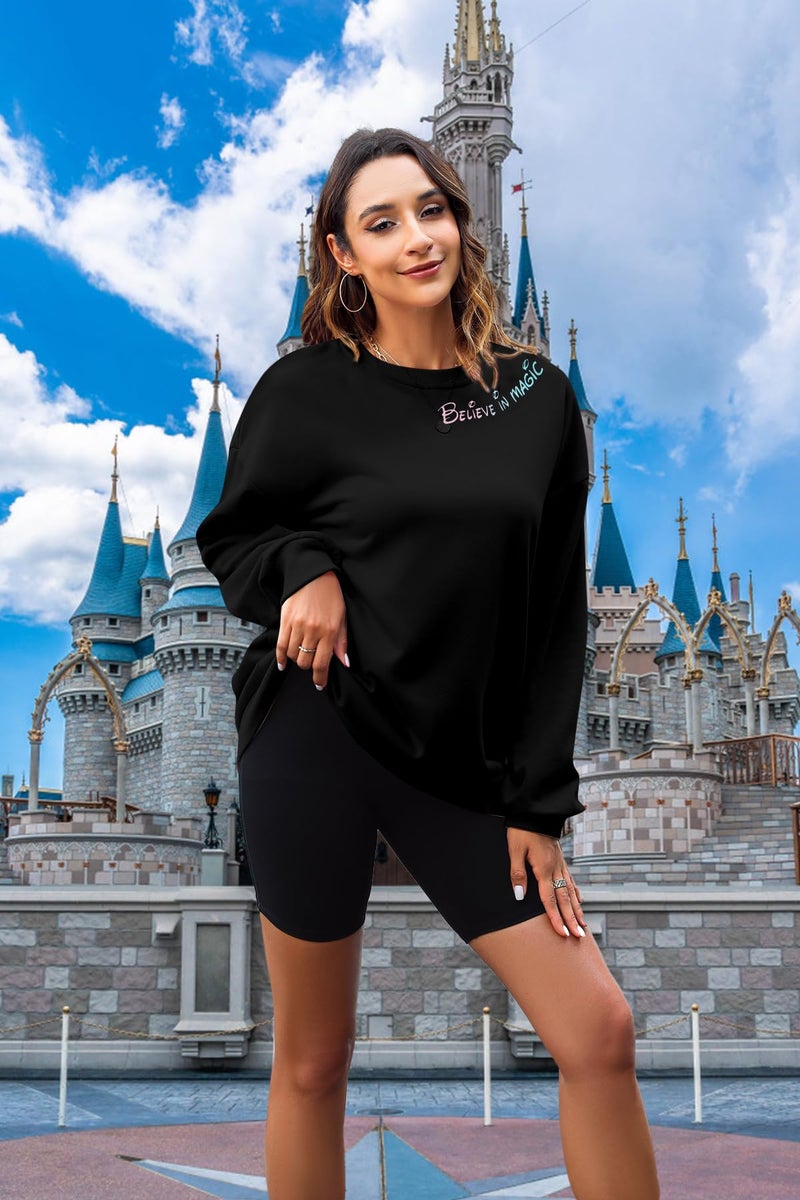 MYHALF Believe In The Magic Sweatshirt Women Crewneck Magic Pullover Shirt Family Vacation Castle Graphic Top Black - Image 3