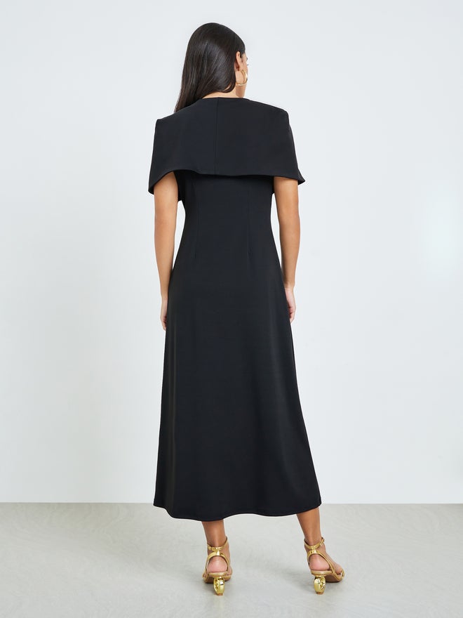 Styli Black Cape Style Midi Dress with Brooch Accent - Image 5